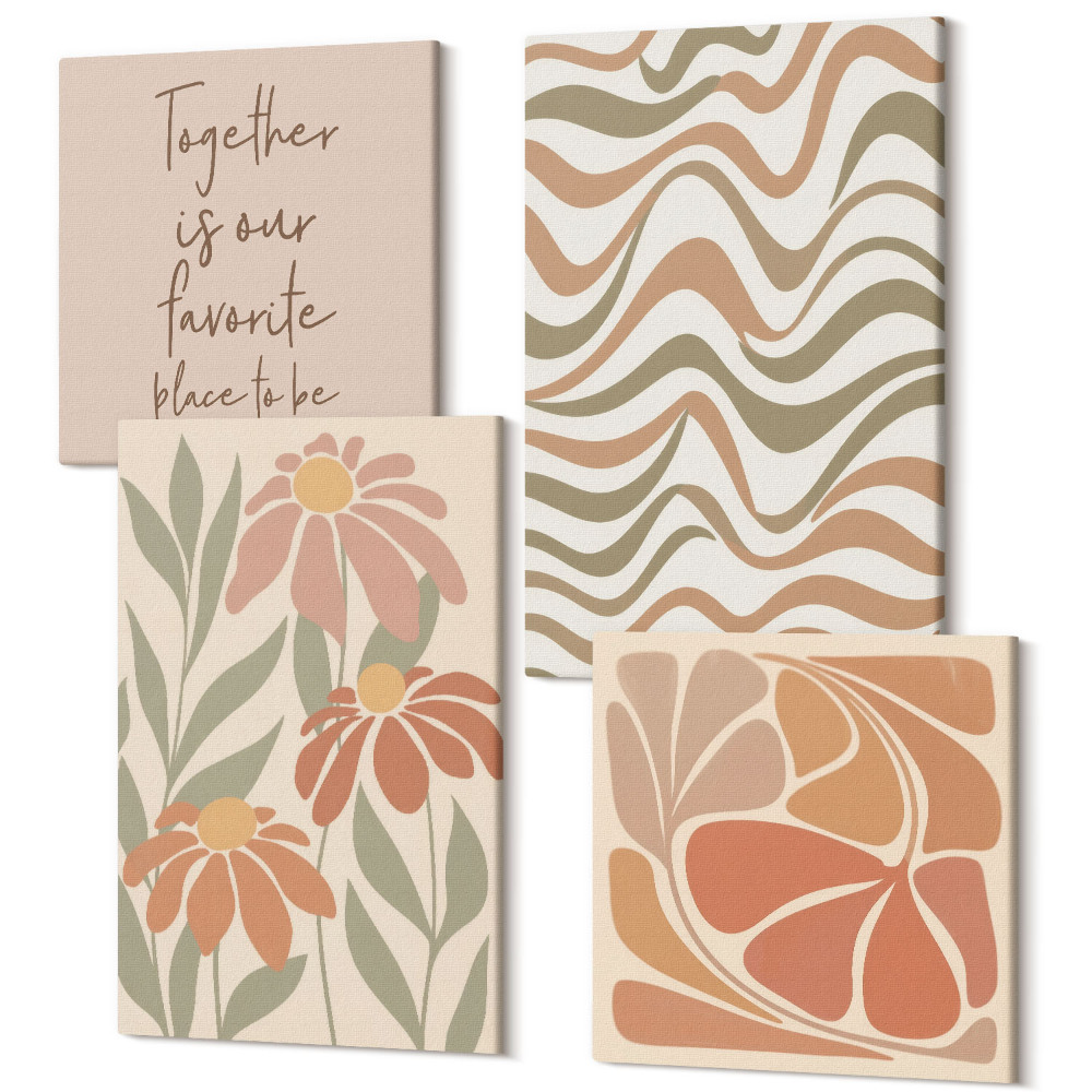 Zestaw obrazów na płótnie kwadryptyk Kwiaty w pastelowych odcieniach i abstrakcyjne wzory