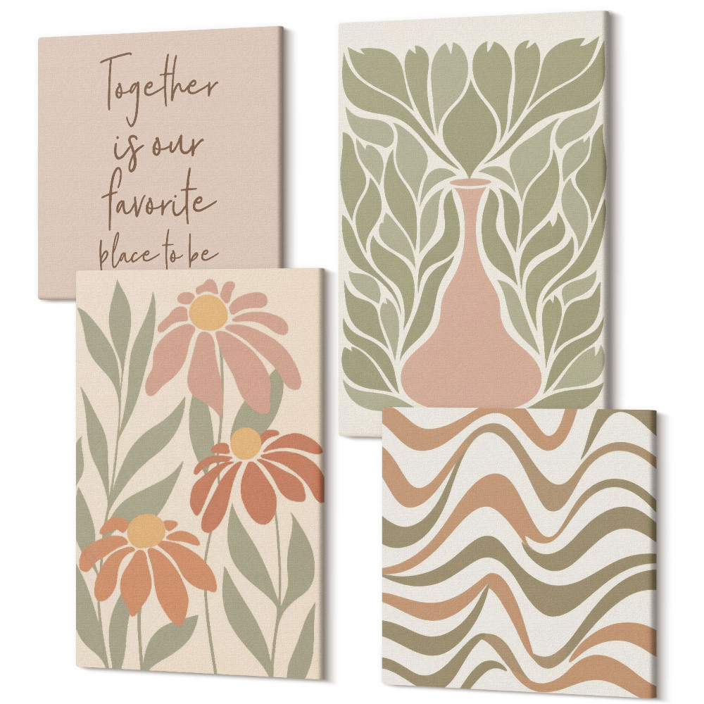 Zestaw obrazów kwadryptyk na ścianę Pastelowe ilustracje kwiatowe abstrakcja napis