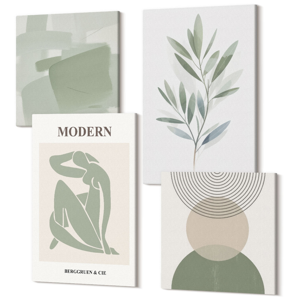 Zestaw obrazów kwadryptyk na ścianę Stylowe grafiki z abstrakcyjnymi kształtami i roślinami