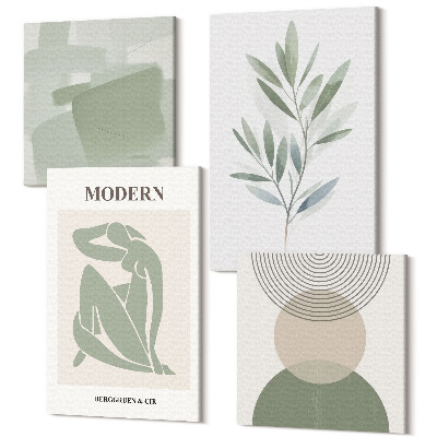 Zestaw obrazów kwadryptyk na ścianę Stylowe grafiki z abstrakcyjnymi kształtami i roślinami