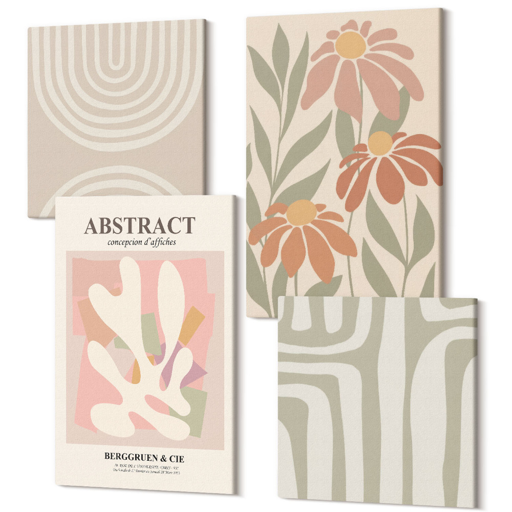 Zestaw obrazów 4 części kwadryptyk Abstrakcyjne kształty z roślinnymi motywami w pastelach