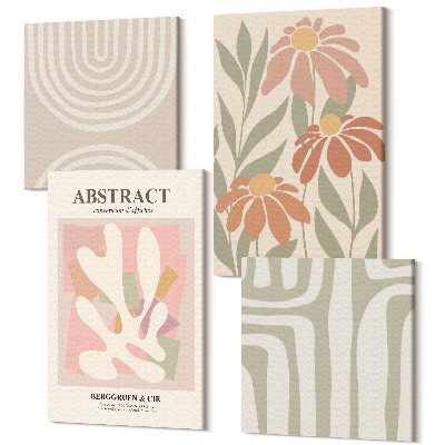 Zestaw obrazów 4 części kwadryptyk Abstrakcyjne kształty z roślinnymi motywami w pastelach