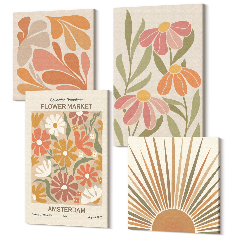 Zestaw obrazów na płótnie kwadryptyk Kwiaty w pastelowych kolorach z promieniami słońca