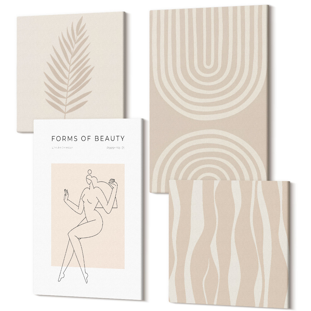 Zestaw obrazów kwadryptyk na ścianę Abstrakcyjne wzory delikatne boho dekoracje