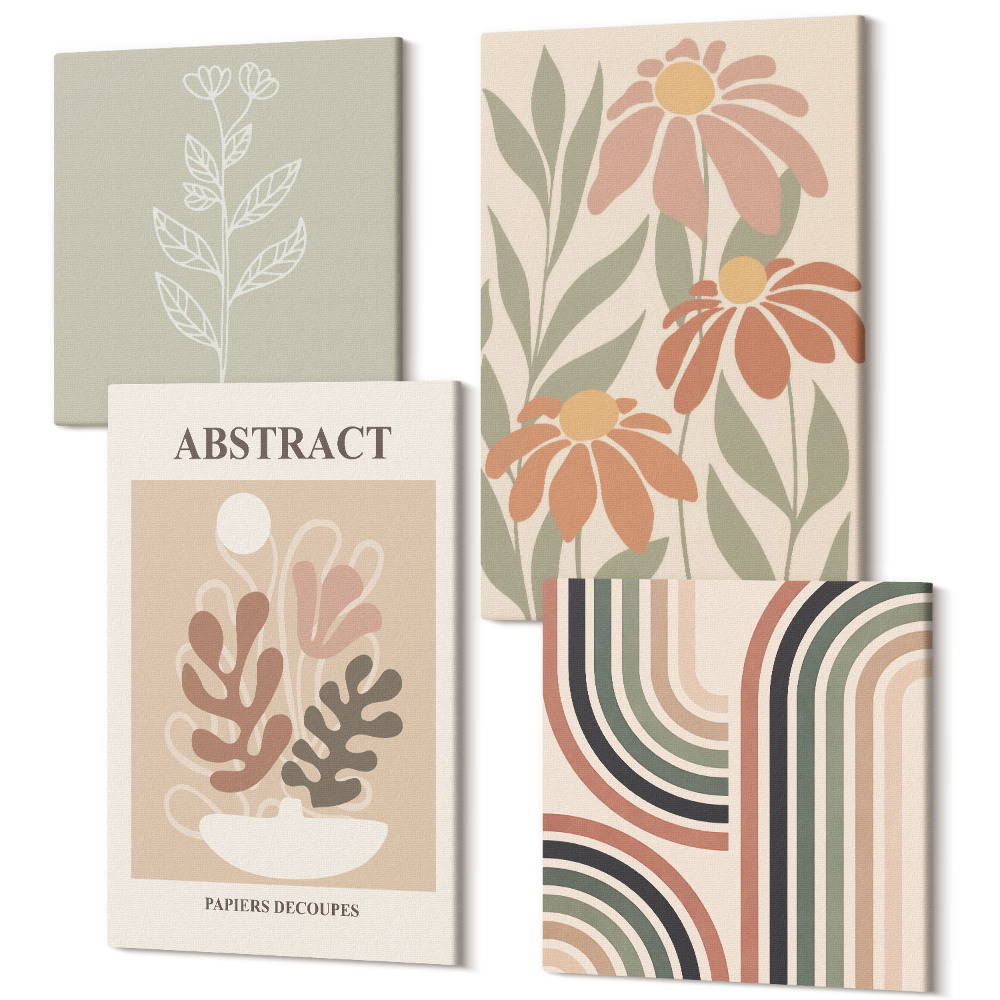 Zestaw obrazów kwadryptyk na ścianę Abstrakcyjne rośliny i wzory w pastelowych kolorach