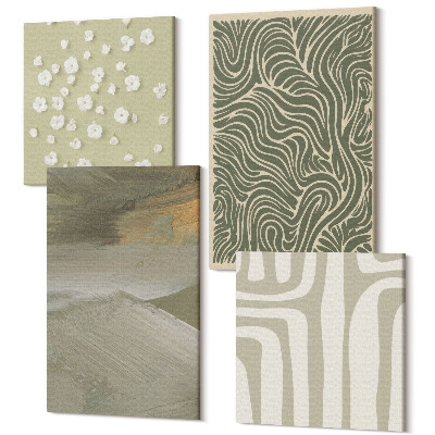 Zestaw obrazów kwadryptyk na ścianę Wzory faliste i abstrakcyjne z kwiatami boho