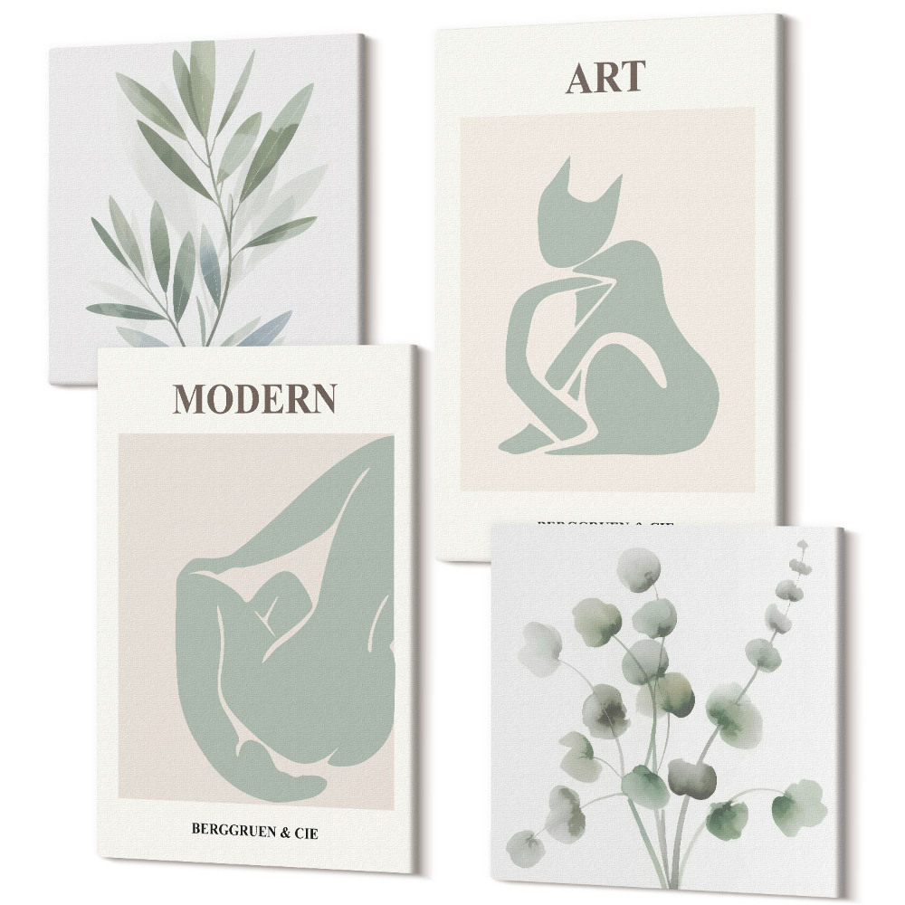 Zestaw obrazów 4 części kwadryptyk Roślinne motywy w delikatnych odcieniach zieleni