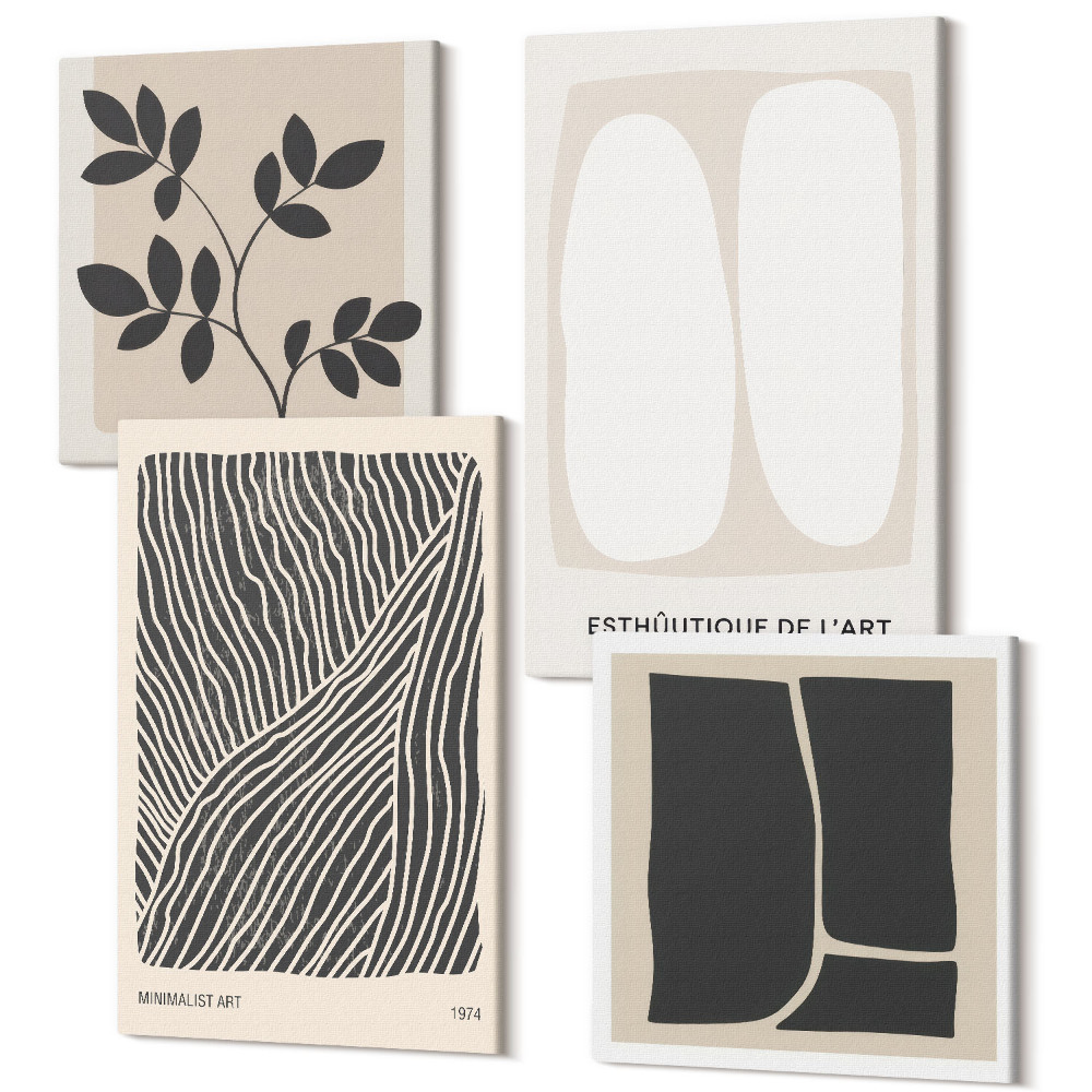 Zestaw obrazów kwadryptyk na ścianę Wzory roślinne i minimalistyczne linie w neutralnych kolorach