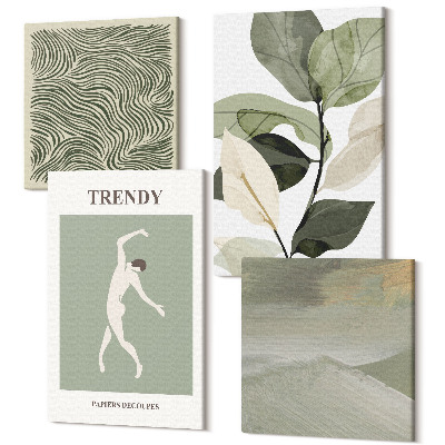 Zestaw obrazów 4 części kwadryptyk Roślinne wzory z sylwetką i abstrakcyjnymi formami