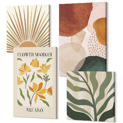 Zestaw obrazów kwadryptyk na ścianę Kwiatowe motywy z abstrakcyjnymi kształtami i liśćmi