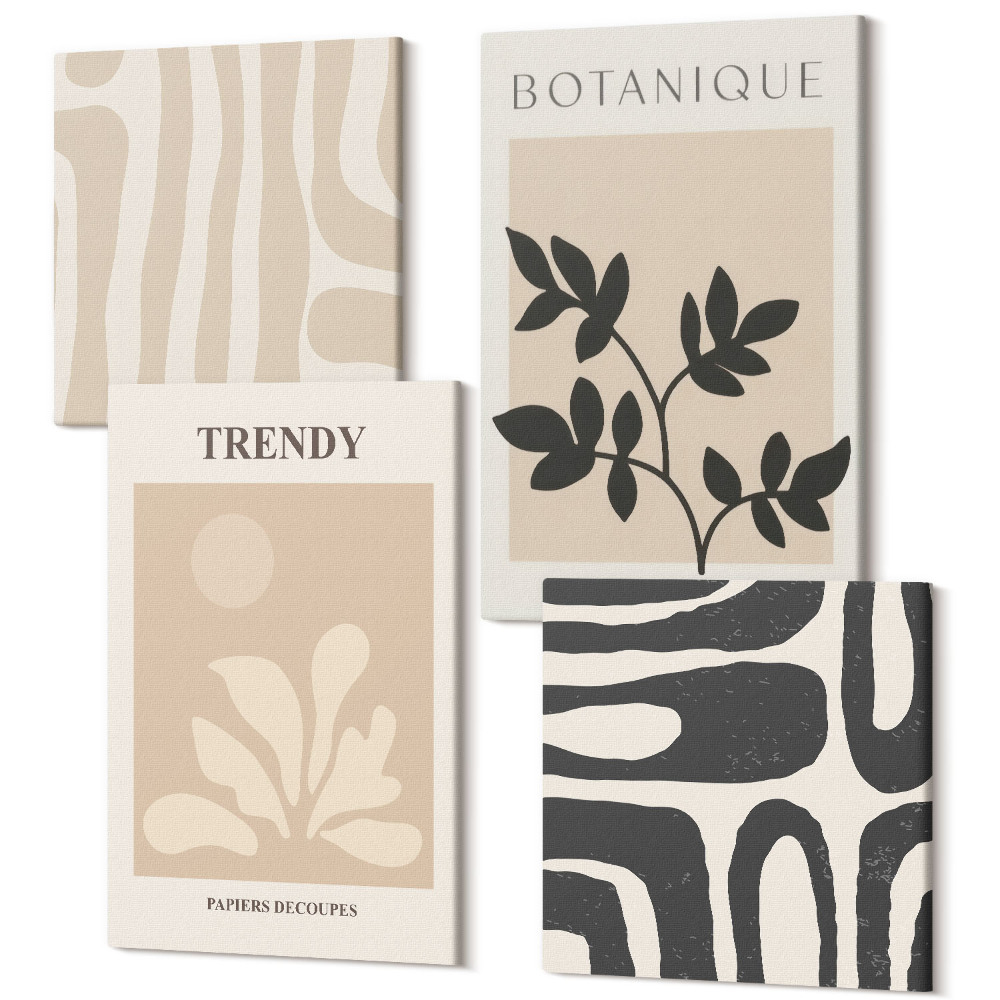 Zestaw obrazów 4 części kwadryptyk Stylowe wzory roślinne w odcieniach beżu i czerni