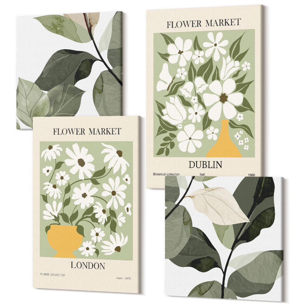 Zestaw obrazów na płótnie kwadryptyk Kwiatowe wzory Londyn i Dublin delikatne liście