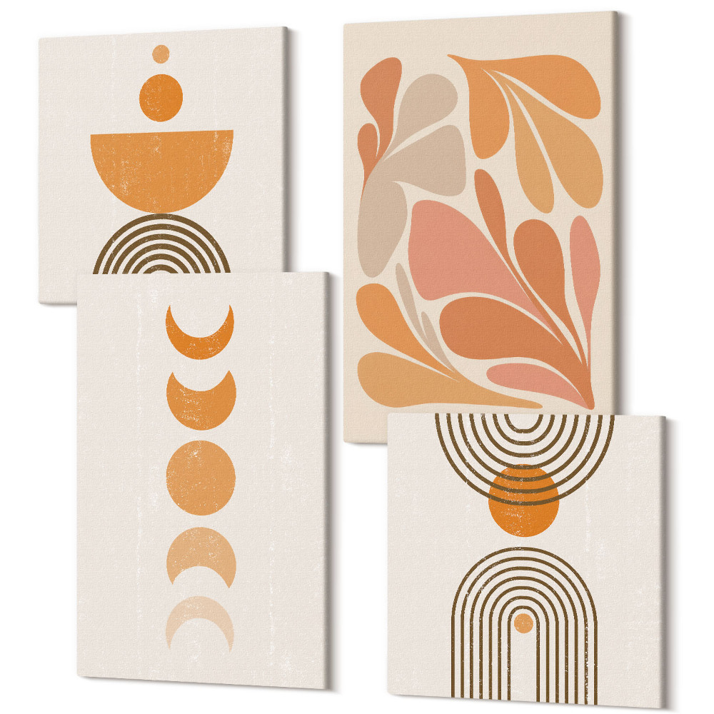 Zestaw obrazów kwadryptyk na ścianę Abstrakcyjne kształty w odcieniach pomarańczowych