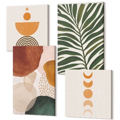 Zestaw obrazów na płótnie kwadryptyk Abstrakcyjne kształty w ciepłych kolorach i liście