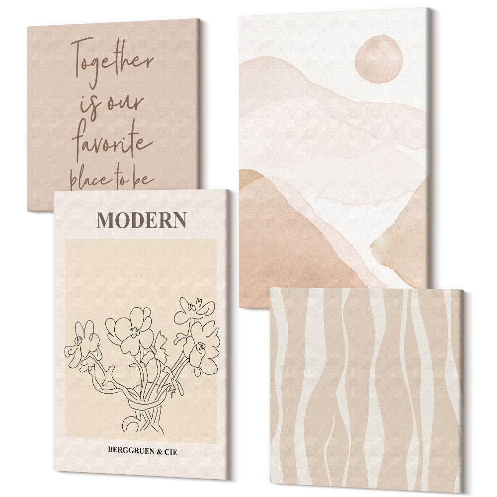 Zestaw obrazów kwadryptyk na ścianę Abstrakcyjne kształty w stonowanej kolorystyce