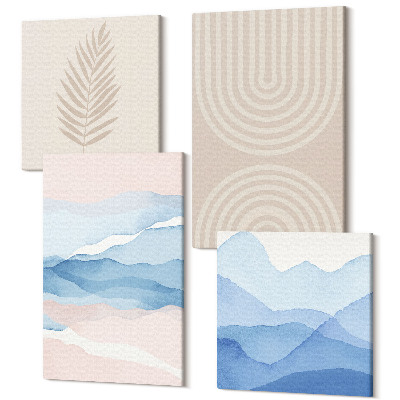 Zestaw obrazów na płótnie kwadryptyk Liście i fale w odcieniach beżu i niebieskiego