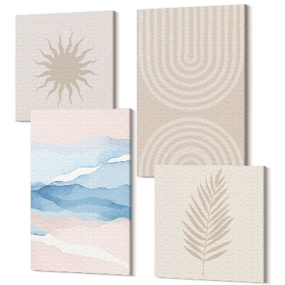 Zestaw obrazów kwadryptyk na ścianę Słońce fale i abstrakcyjne linie w pastelowych kolorach