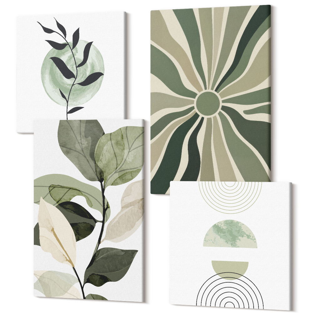 Zestaw obrazów kwadryptyk na ścianę Roślinne motywy z geometrycznymi kształtami w zieleni