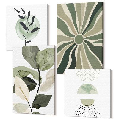Zestaw obrazów kwadryptyk na ścianę Roślinne motywy z geometrycznymi kształtami w zieleni