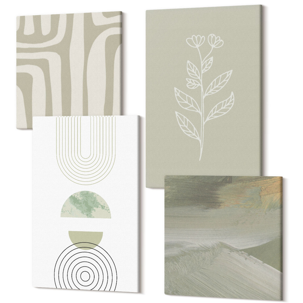 Zestaw obrazów 4 części kwadryptyk Wzory geometryczne z roślinnymi akcentami w odcieniach zieleni