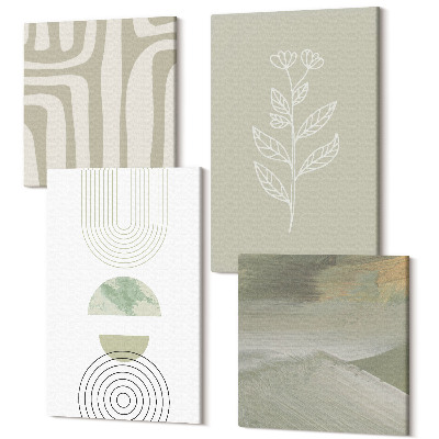 Zestaw obrazów 4 części kwadryptyk Wzory geometryczne z roślinnymi akcentami w odcieniach zieleni