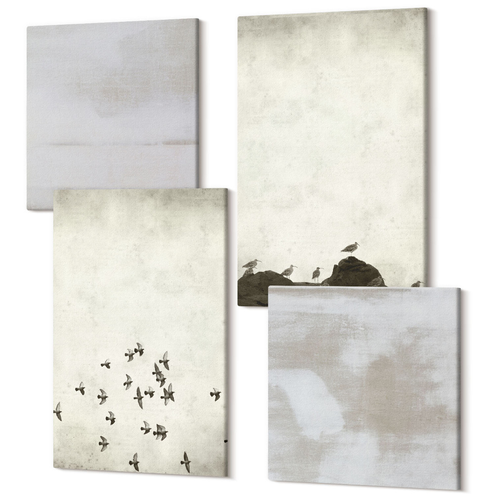 Zestaw obrazów na płótnie kwadryptyk Ptaki w locie i zdarte tekstury styl minimalistyczny