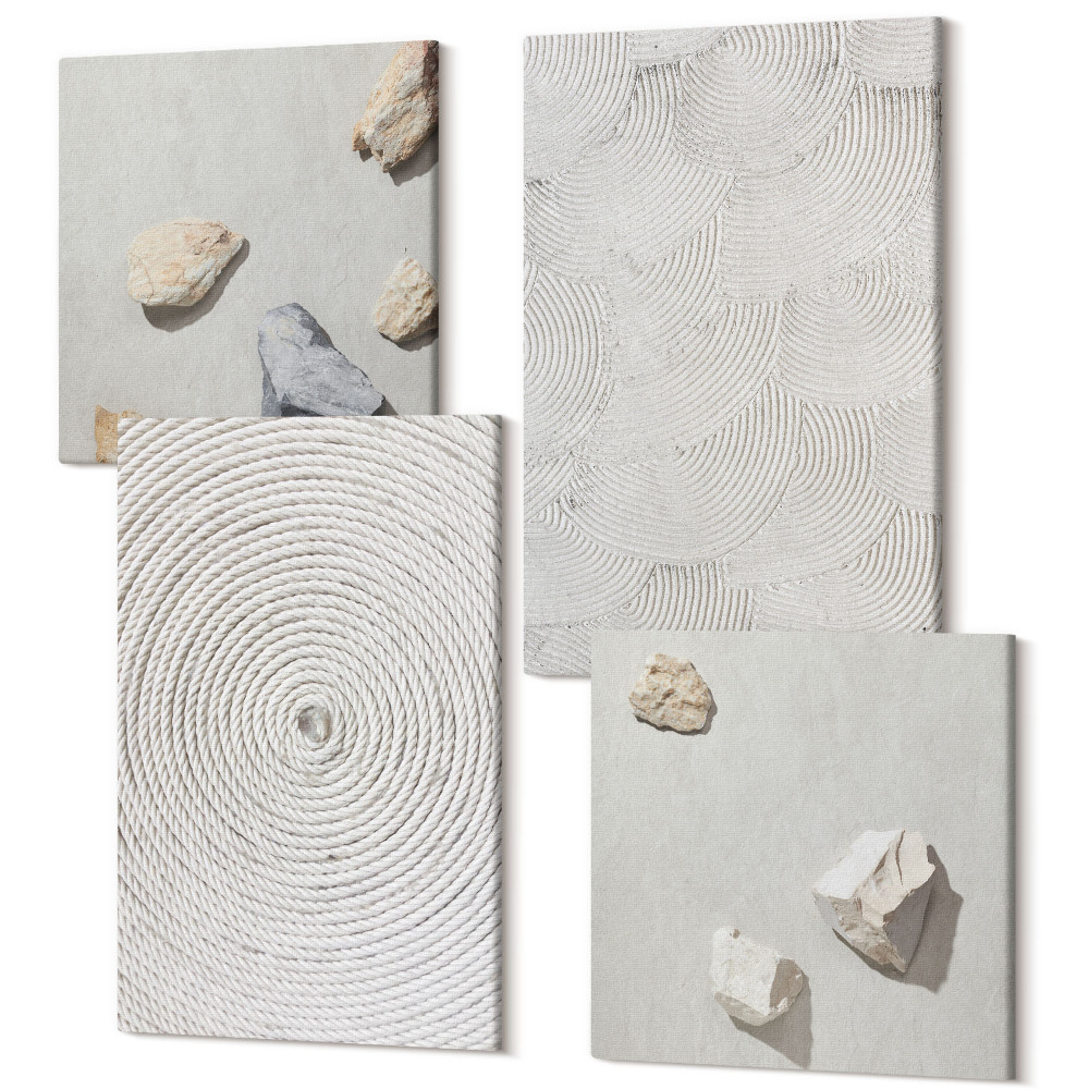 Zestaw obrazów na płótnie kwadryptyk Geometryczne tektury i kamienie na piasku nowoczesne wzory