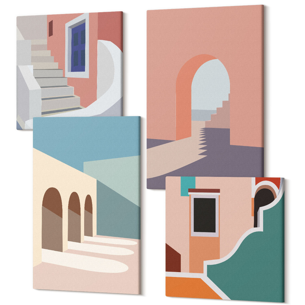 Zestaw obrazów 4 części kwadryptyk Pastelowe minimalistyczne grafiki architektury miejskiej