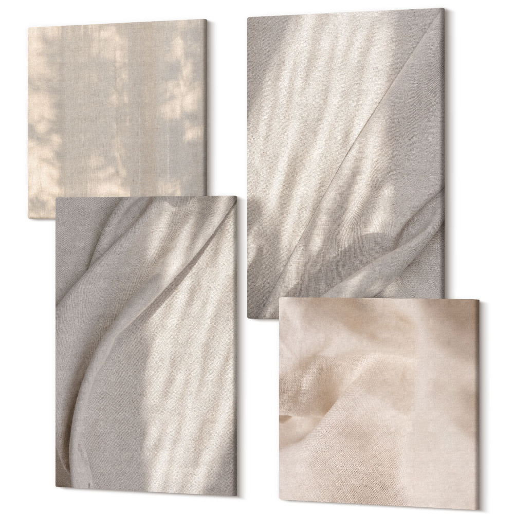 Zestaw obrazów kwadryptyk na ścianę Naturalne tkaniny struktury w zbliżeniua boho