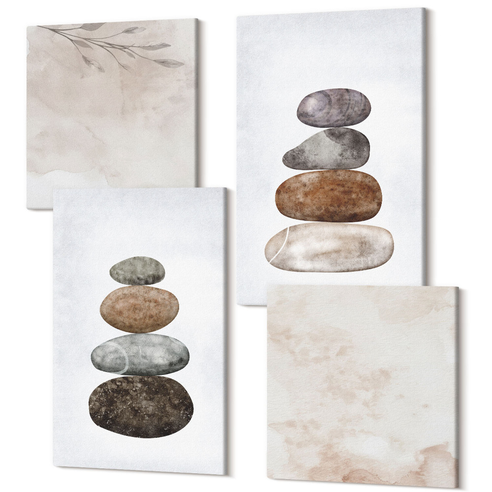 Zestaw obrazów 4 części kwadryptyk Stosy kamieni minimalistyczne malarstwo boho