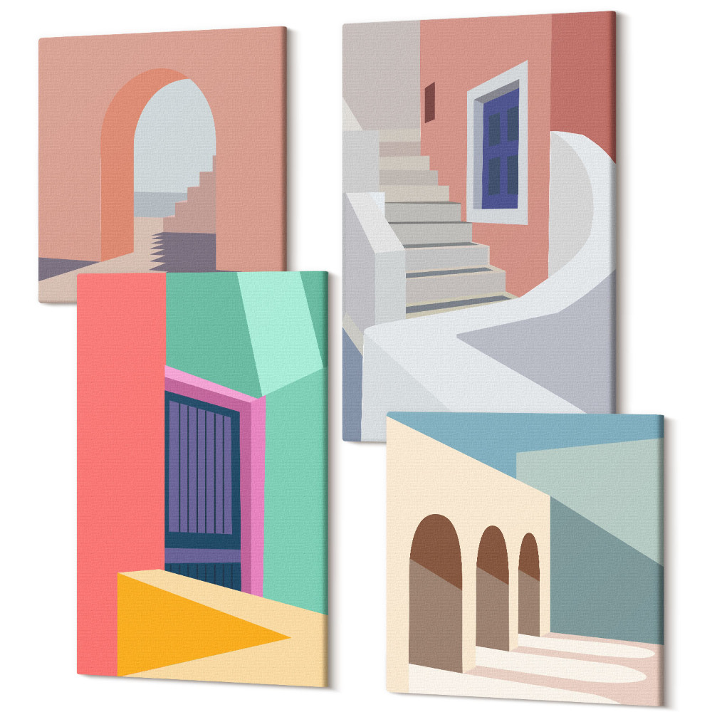 Zestaw obrazów kwadryptyk na ścianę Kolorowe ilustracje budynków w stylu nowoczesnym