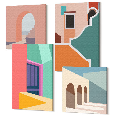 Zestaw obrazów 4 części kwadryptyk Kolorowe ilustracje miasta w stylu nowoczesnym