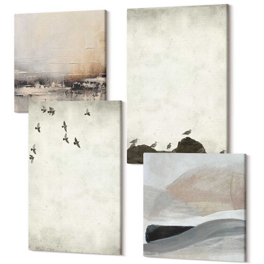 Zestaw obrazów na płótnie kwadryptyk Ptaki skały i ślady pędzla minimalistyczne dekoracje
