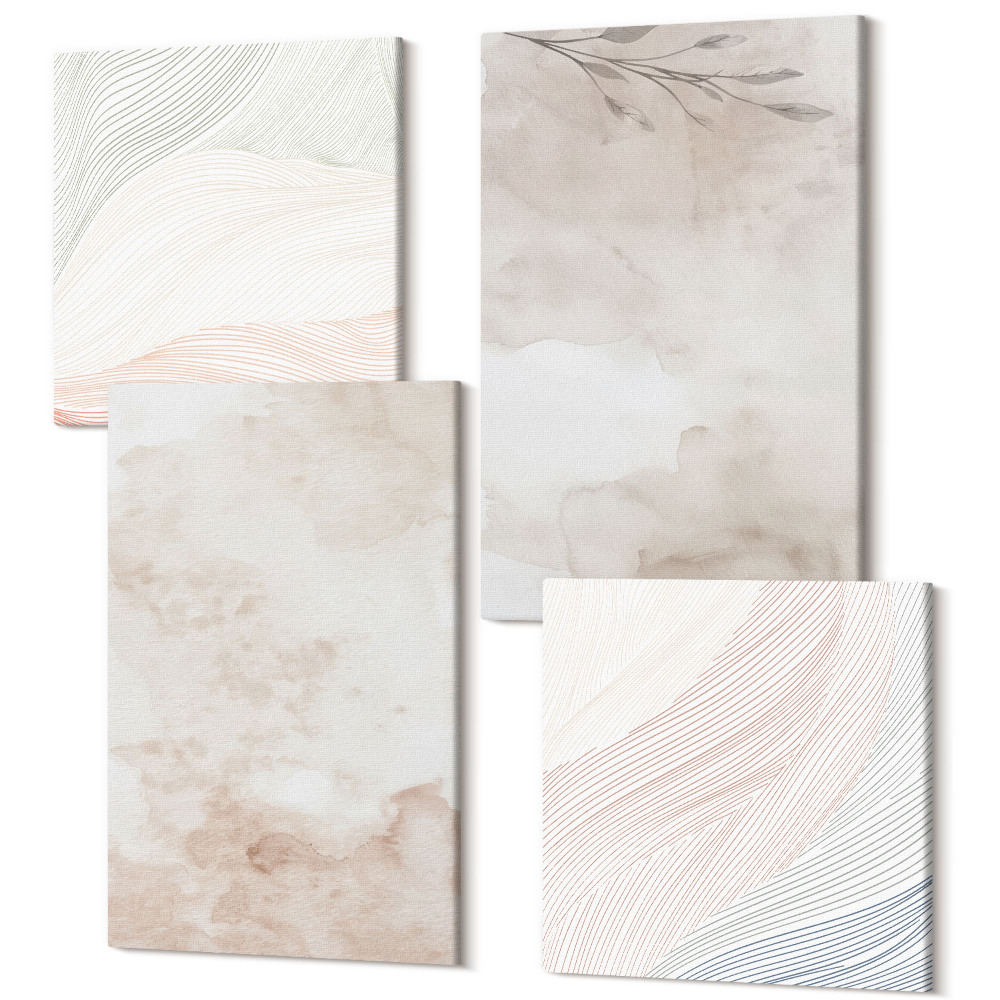 Zestaw obrazów 4 części kwadryptyk Akwarelowe plamy i liście w pastelowych barwach