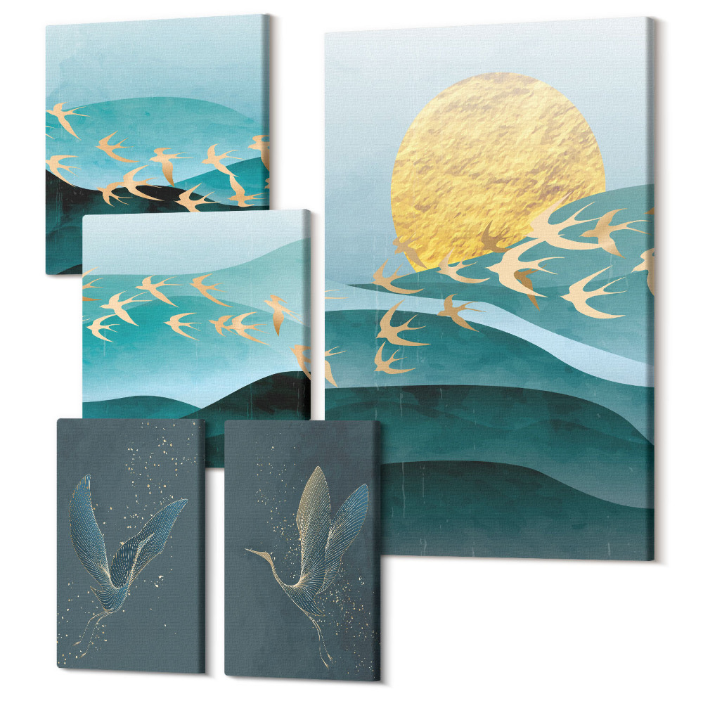Zestaw obrazów pentaptyk na ścianę Harmonia natury z ptakami i falami w stylu nowoczesnym