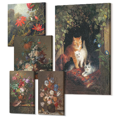 Zestaw obrazów na płótnie pentaptyk Kwiatowe kompozycje i urocze koty w stylu vintage