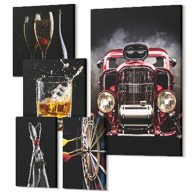 Zestaw obrazów 5 części pentaptyk Stylowe motywy retro z samochodami i drinkami