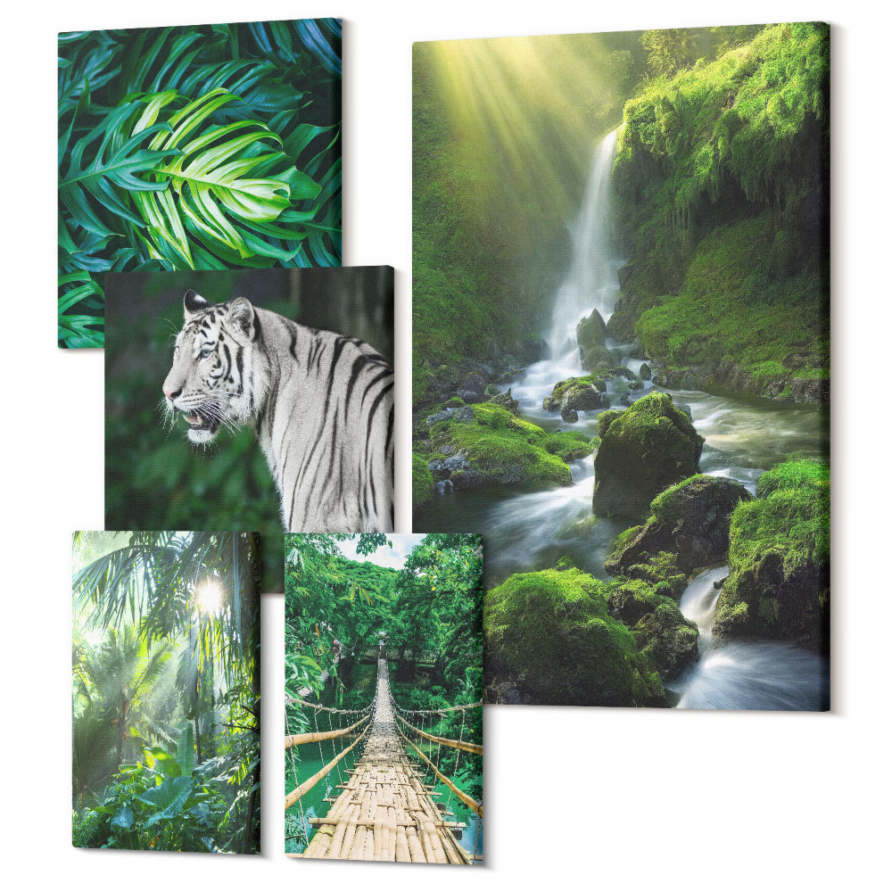 Zestaw obrazów na płótnie pentaptyk Tropikalne pejzaże z dziką przyrodą i zwierzętami