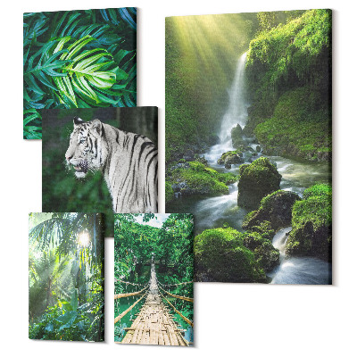 Zestaw obrazów na płótnie pentaptyk Tropikalne pejzaże z dziką przyrodą i zwierzętami