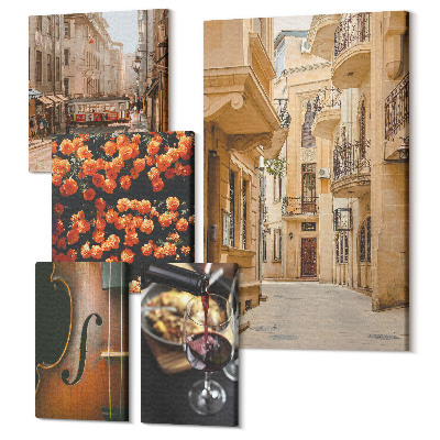 Zestaw obrazów pentaptyk na ścianę Urokliwe uliczki i smakowite chwile w mieście