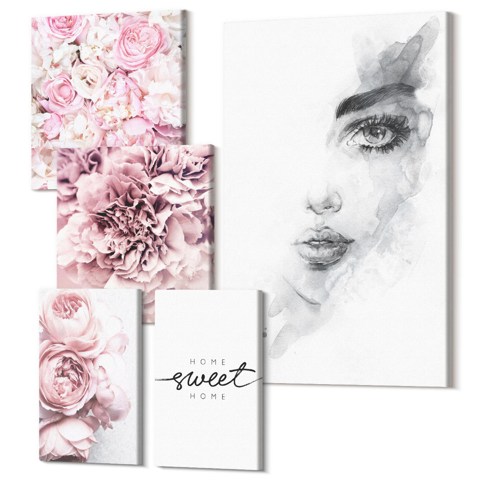 Zestaw obrazów 5 części pentaptyk Kwiatowe akcenty z portretem i napisem o domu