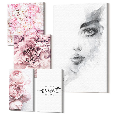 Zestaw obrazów 5 części pentaptyk Kwiatowe akcenty z portretem i napisem o domu