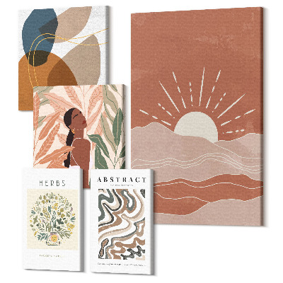 Zestaw obrazów pentaptyk na ścianę Styl boho z roślinnymi motywami i abstrakcyjnymi wzorami