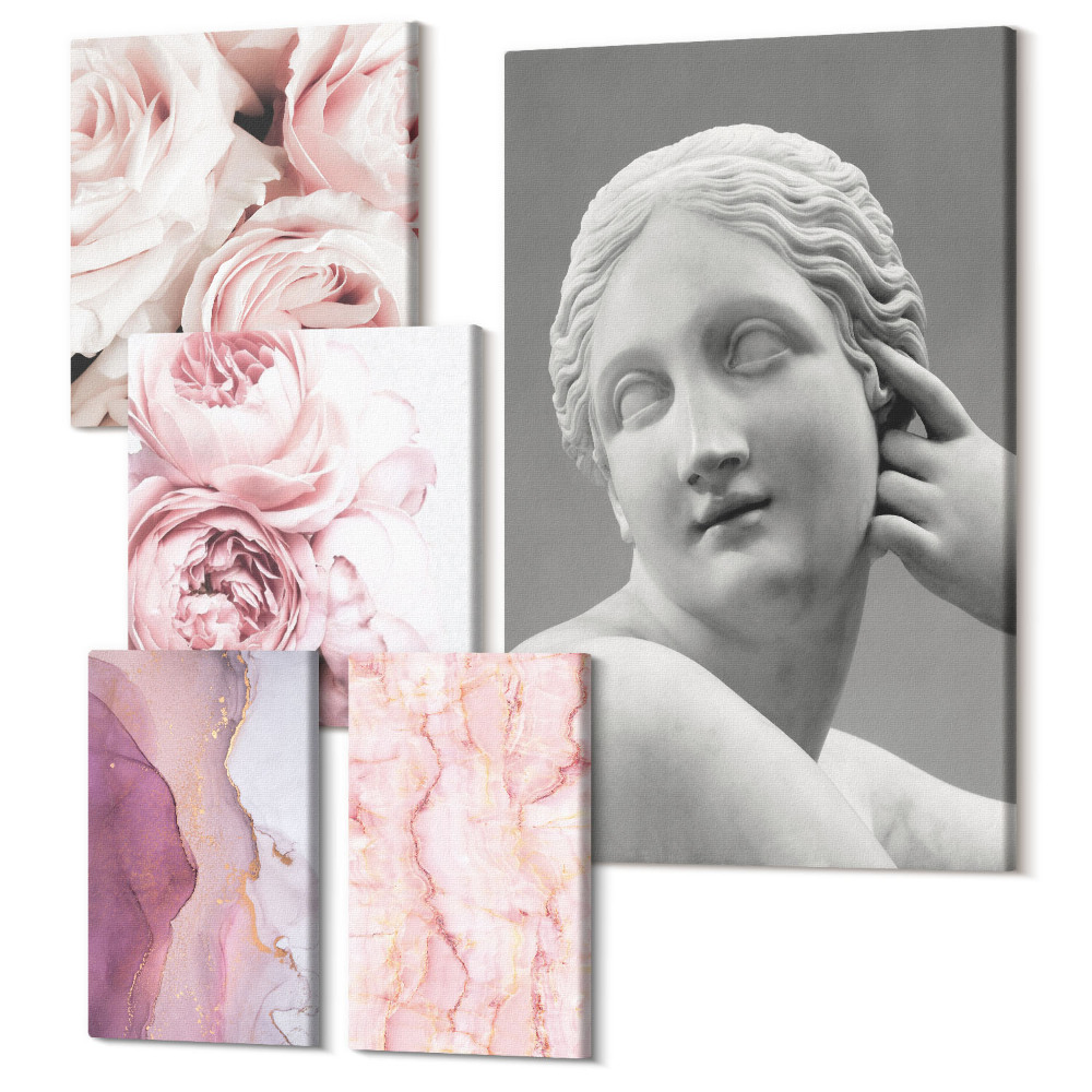 Zestaw obrazów na płótnie pentaptyk Kwiatowe akcenty z rzeźbą w stylu klasycznym