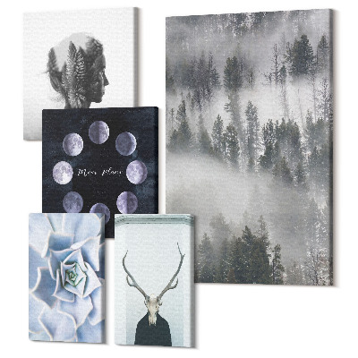 Zestaw obrazów na płótnie pentaptyk Naturalne motywy leśne i kosmiczne zjawiska