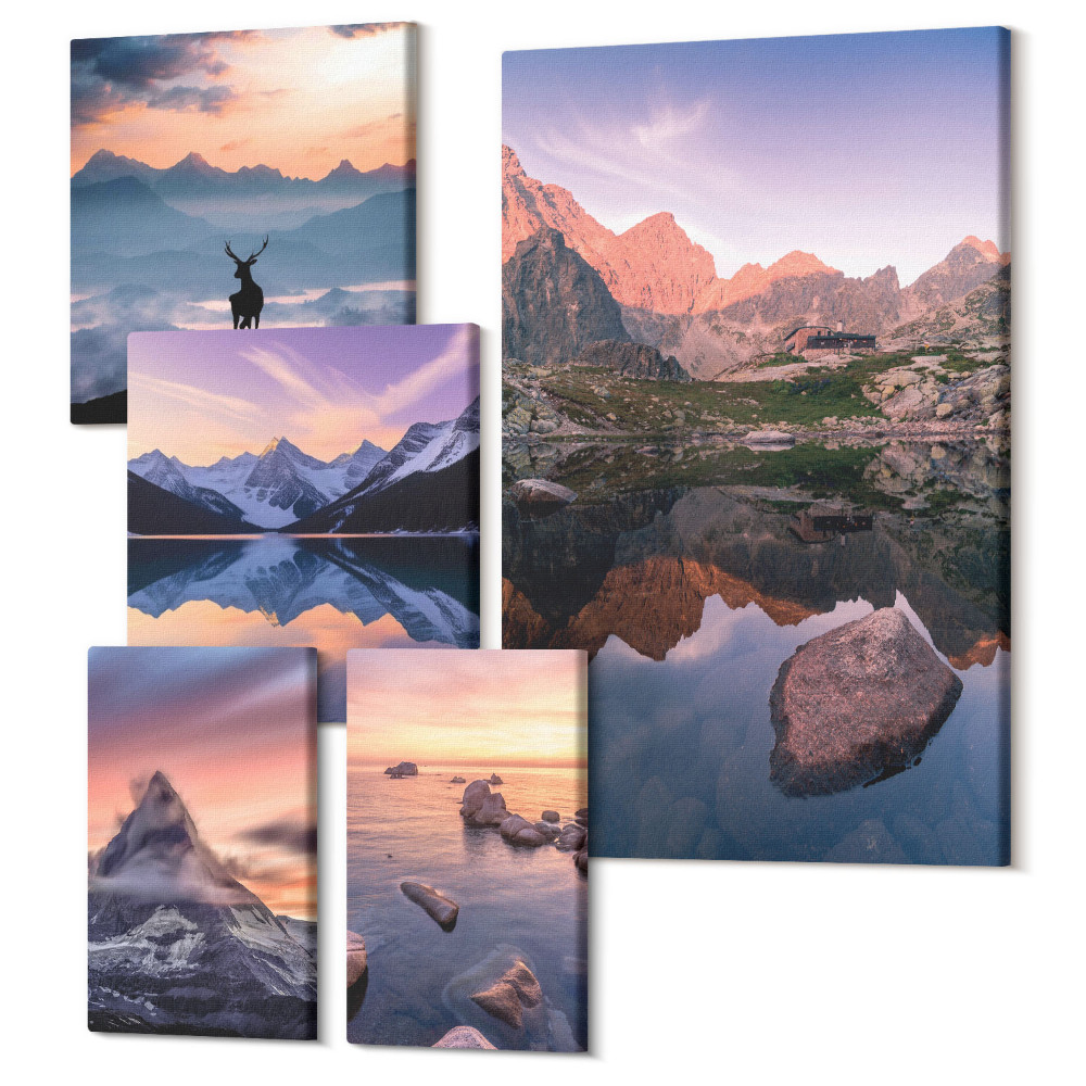 Zestaw obrazów 5 części pentaptyk Górskie pejzaże z zachodem słońca i wodnymi odbiciami