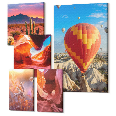 Zestaw obrazów 5 części pentaptyk Krajobrazy pustynne z balonami i formacjami skalnymi