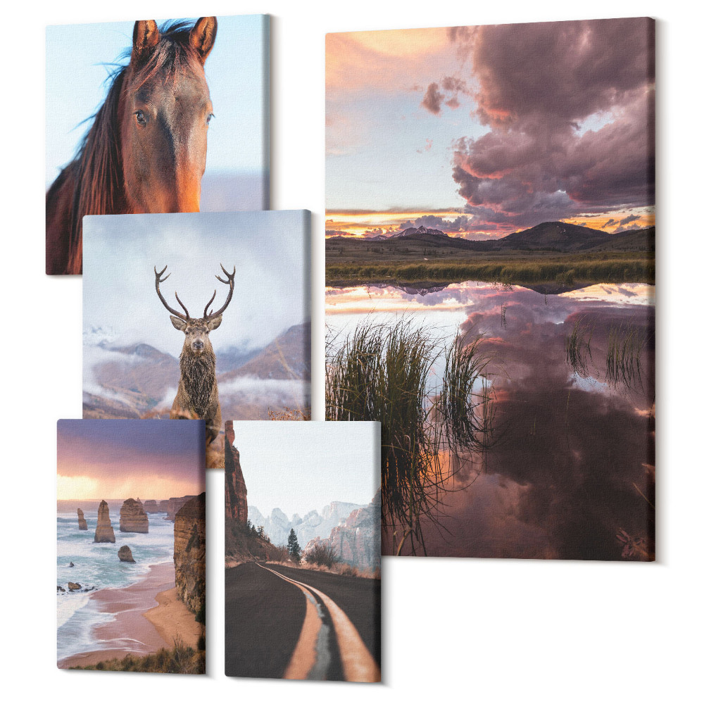 Zestaw obrazów na płótnie pentaptyk Naturalne piękno krajobrazów i zwierząt w plenerze