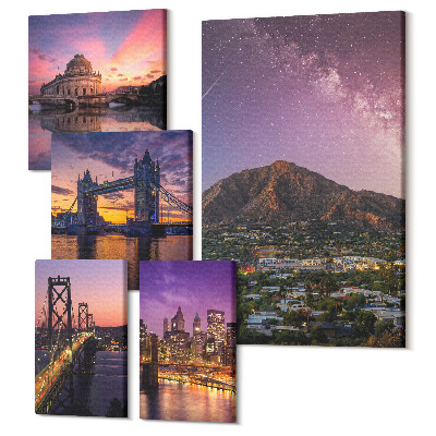 Zestaw obrazów pentaptyk na ścianę Krajobrazy miast i gór nocą z pięknymi widokami