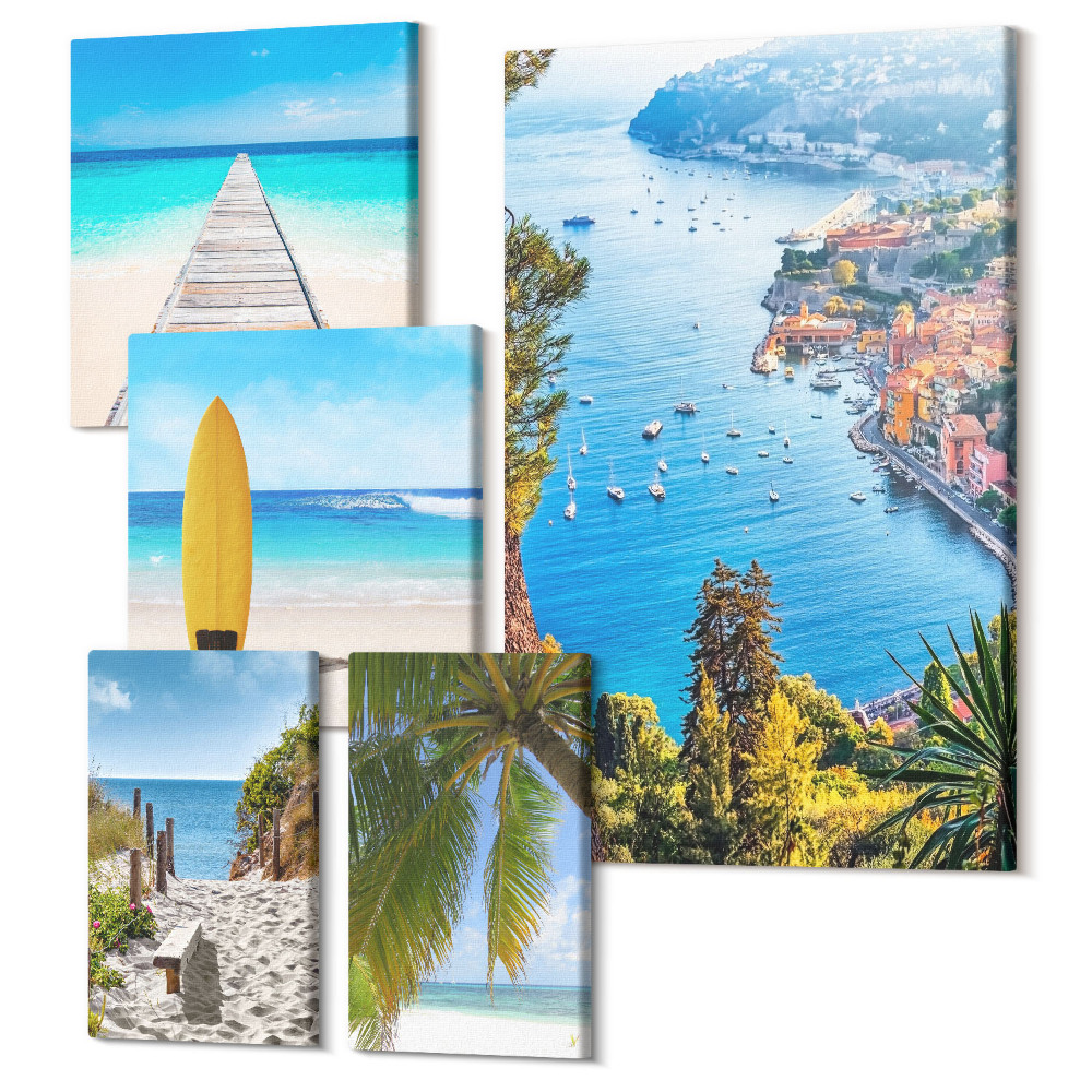 Zestaw obrazów na płótnie pentaptyk Krajobrazy nadmorskie z plażami i wodami turkusowymi
